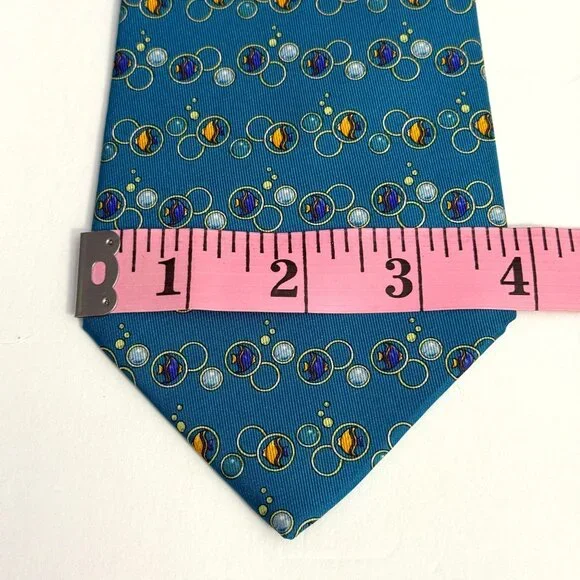Salvatore Ferragamo Silk Neck Tie Goldfish Bubbles Pattern Teal Men's Neckwear - Picture 4 of 12